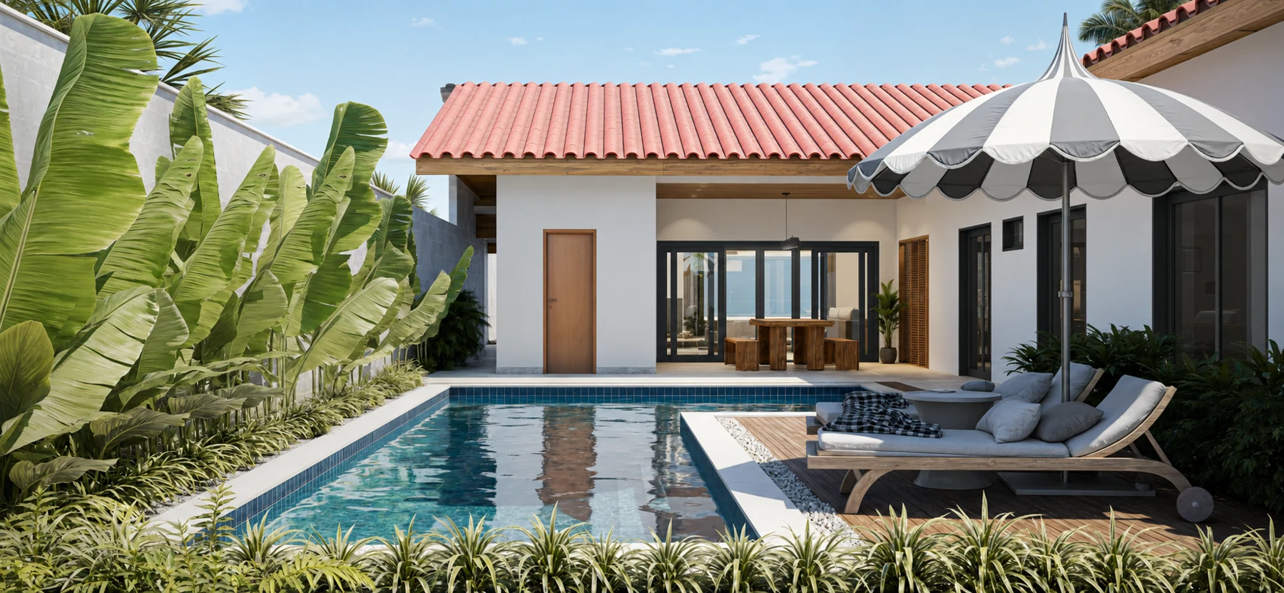 Piscina cercada por vegetação, espreguiçadeiras e uma casa de linhas claras e telhado cerâmico